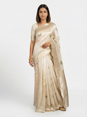 Semi Silk Off White Saree with Alternative Leaf Pattern