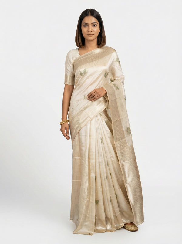 Semi Silk Off White Saree with Alternative Leaf Pattern