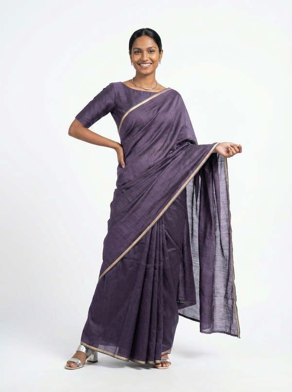 Shimmer Organza Dusty Purple Plain Saree with Minimal Embellished Border