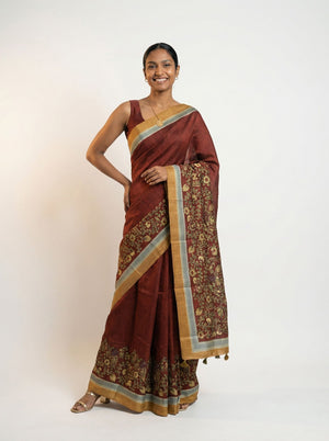 Chanderi Cotton  Maroon Floral Vine Printed Saree