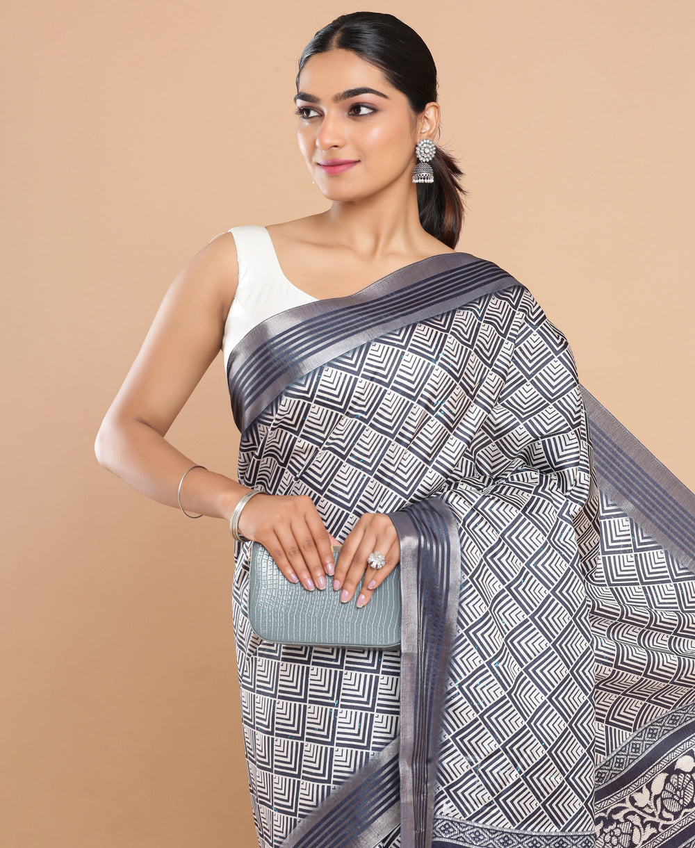 Jute Silk Casual Wear Navy Blue & White Color Saree