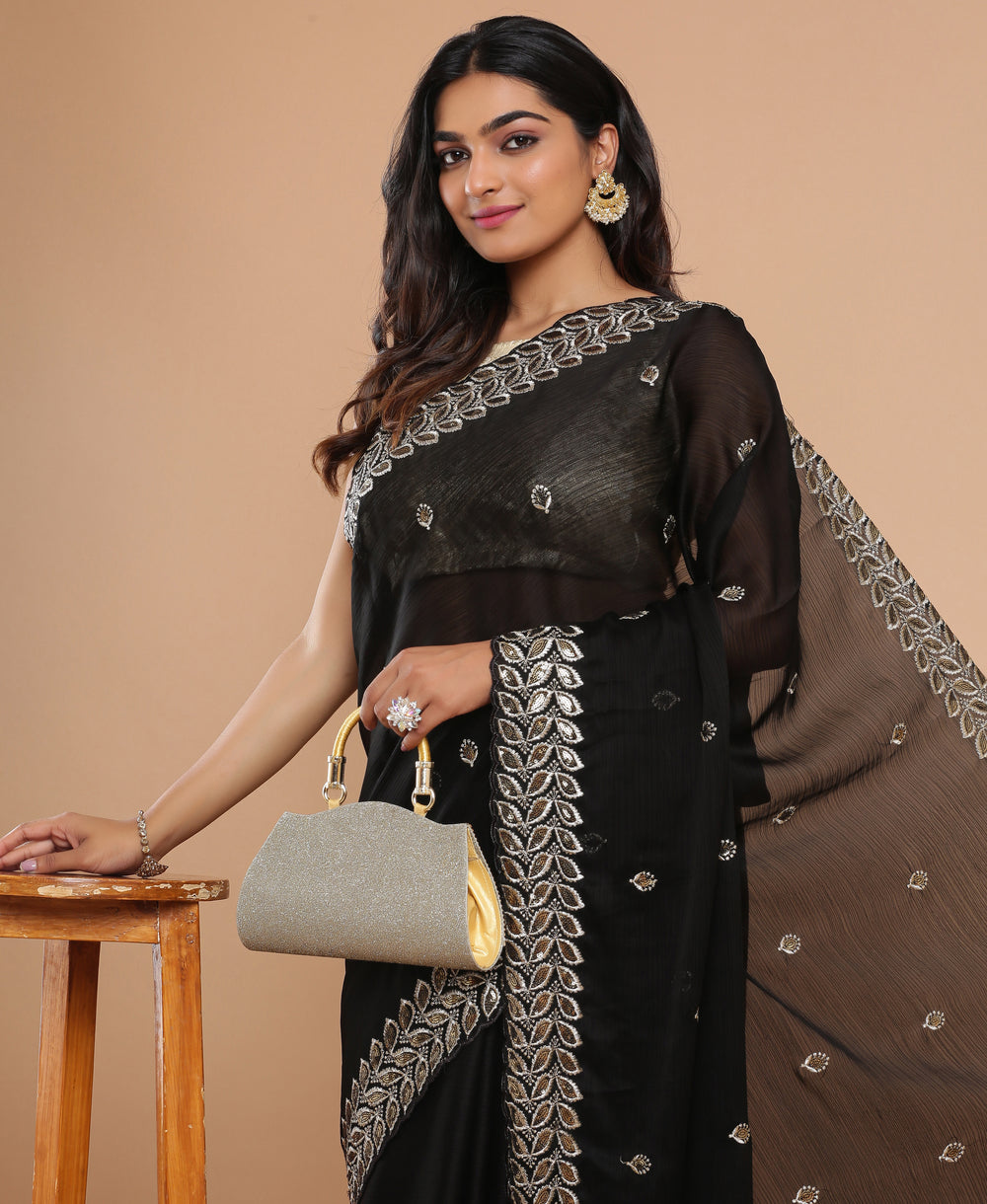 Chiffon Ethnic Wear Black Color Saree