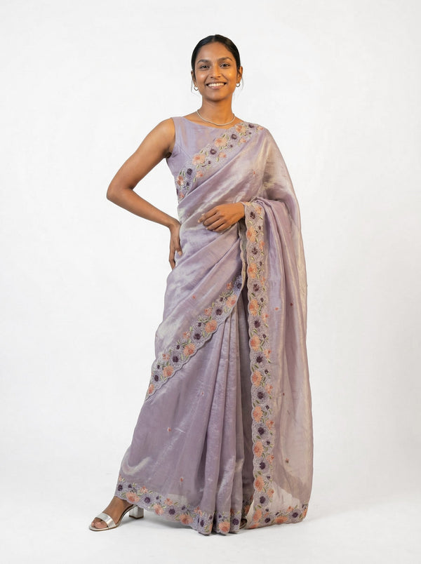 Organza Pastel Lavender Floral Embroidered Saree