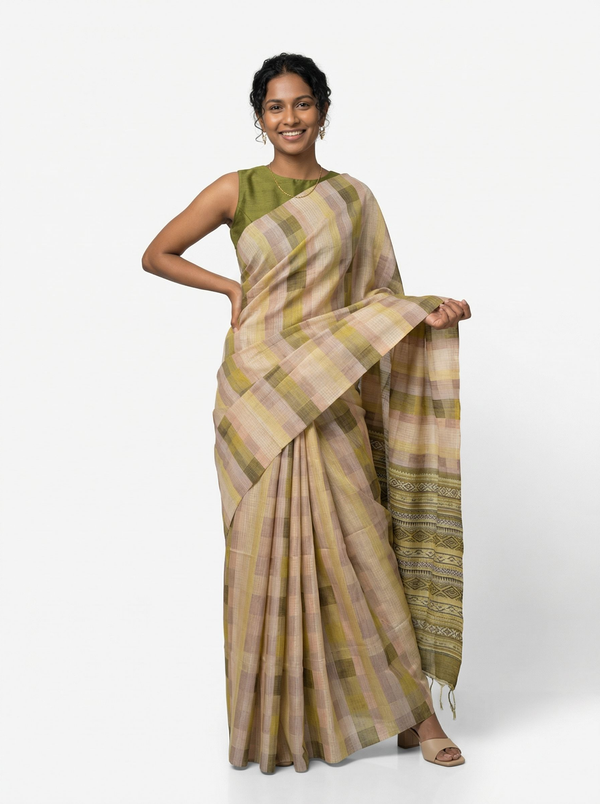 Chanderi Cotton Olive Beige Checked Saree