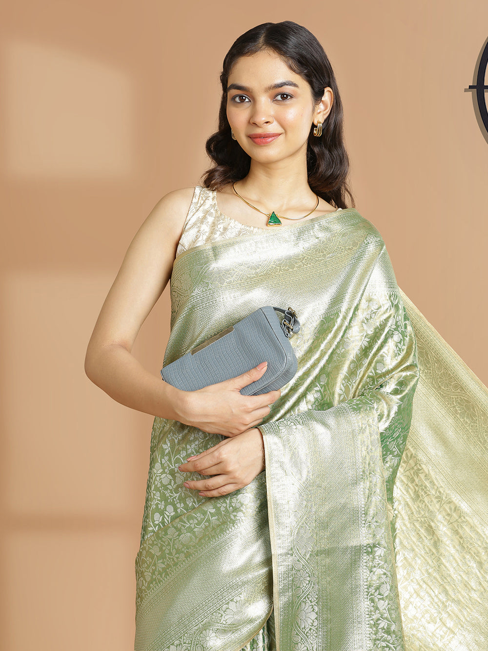 Olive Green With Golden Tissue Saree With Self Floral Design And Same Zari Border