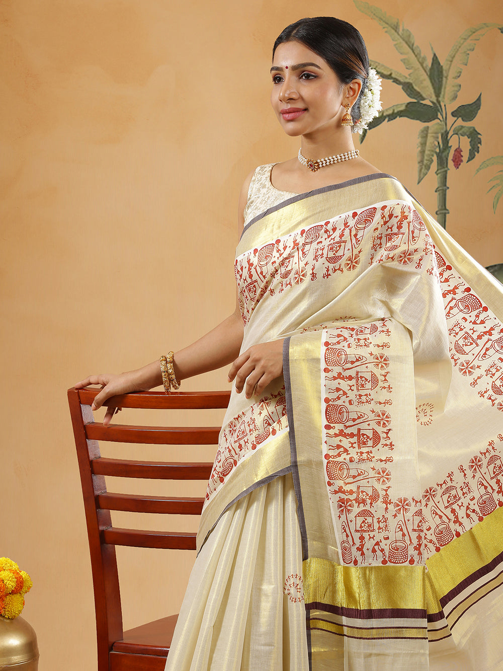Golden Tissue Coffee Brown Border Set Saree With Red Color Warli Print Near Border