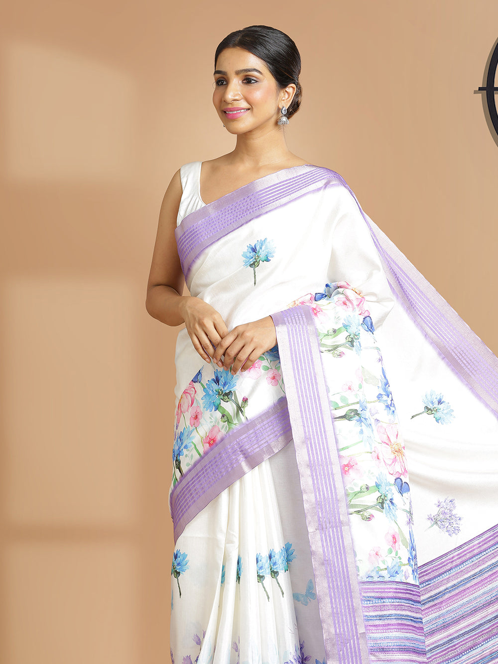 Off White Color Art Silk Saree With Violet Zari Border And Floral Design Over Body