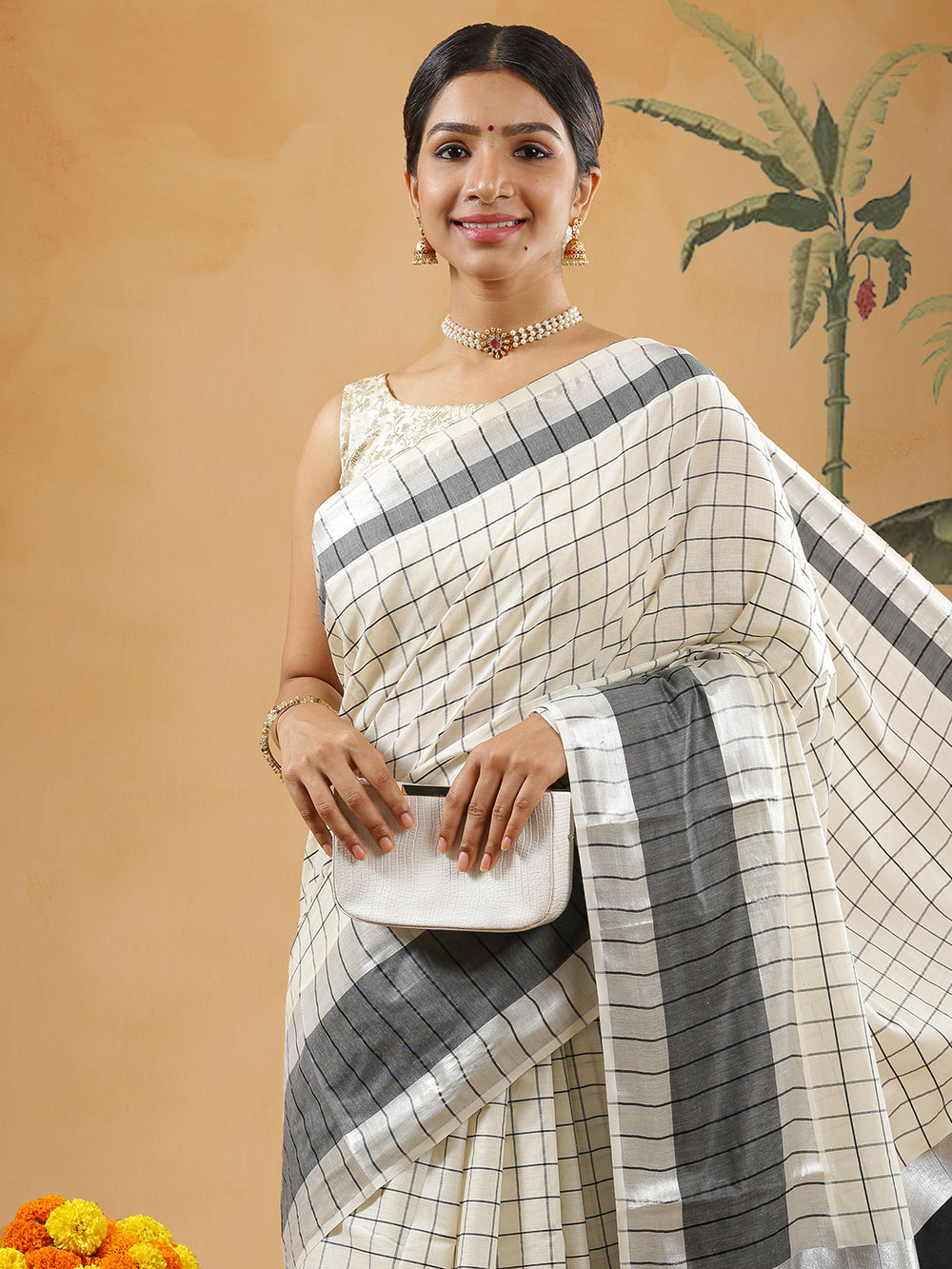Off White Color Cotton Set Saree With Black Lined Check Design And Black And Silver Border