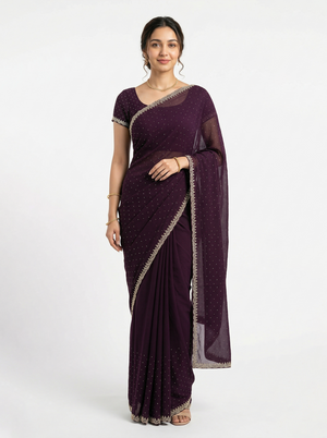 Georgette Wine Purple Stone Studded Saree with Pearl Beaded Border