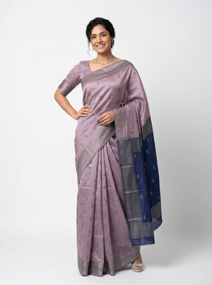 Art Silk Lavender Saree with Contrast Blue Silver Zari Woven Paisley Pallu