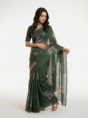 Cotton Dark Green Printed Saree with Abstract Floral Design