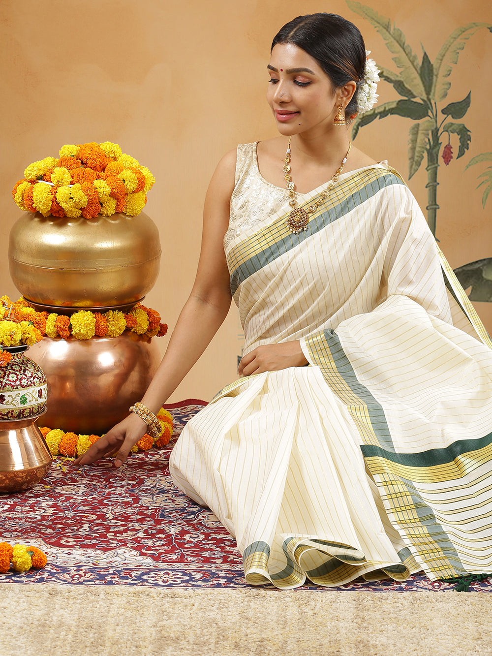 Off White Color Golden Striped Cotton Set Saree With Green And Golden Kasavu Border