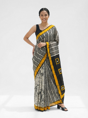Chanderi Cotton Black White Striped Batik Saree
