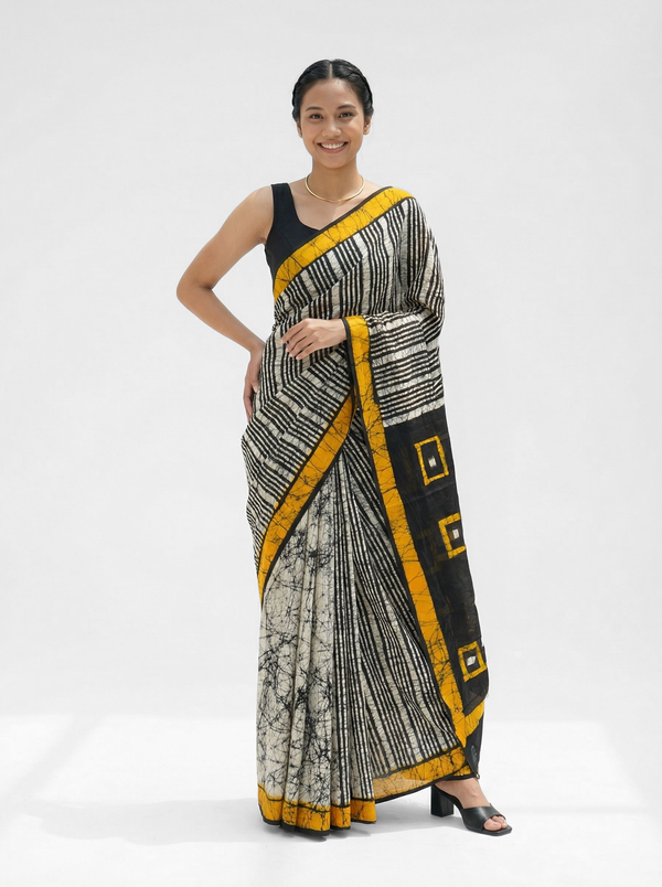 Chanderi Cotton Black White Striped Batik Saree