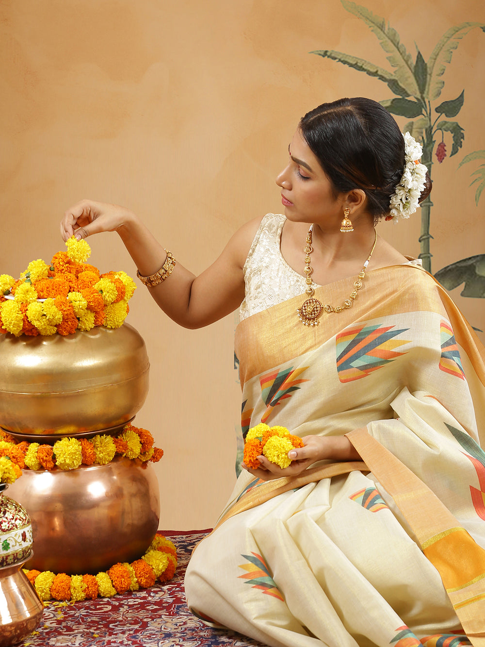 Golden Tissue Orange Border Set Saree With Multi Color Abstract Print All Over Body