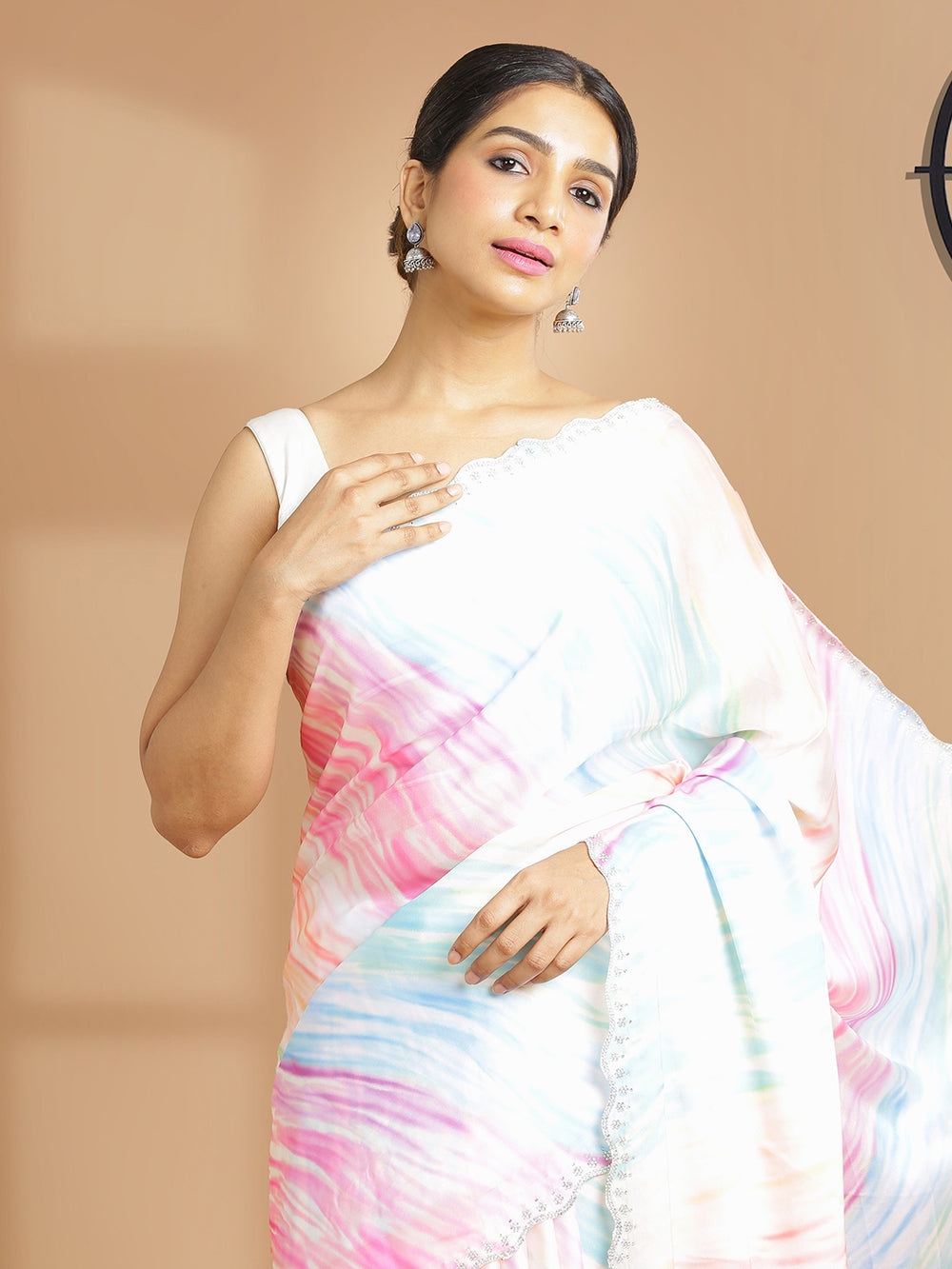 Light Peach Satin Crepe Saree With Multi Color Shibori Print Over Body