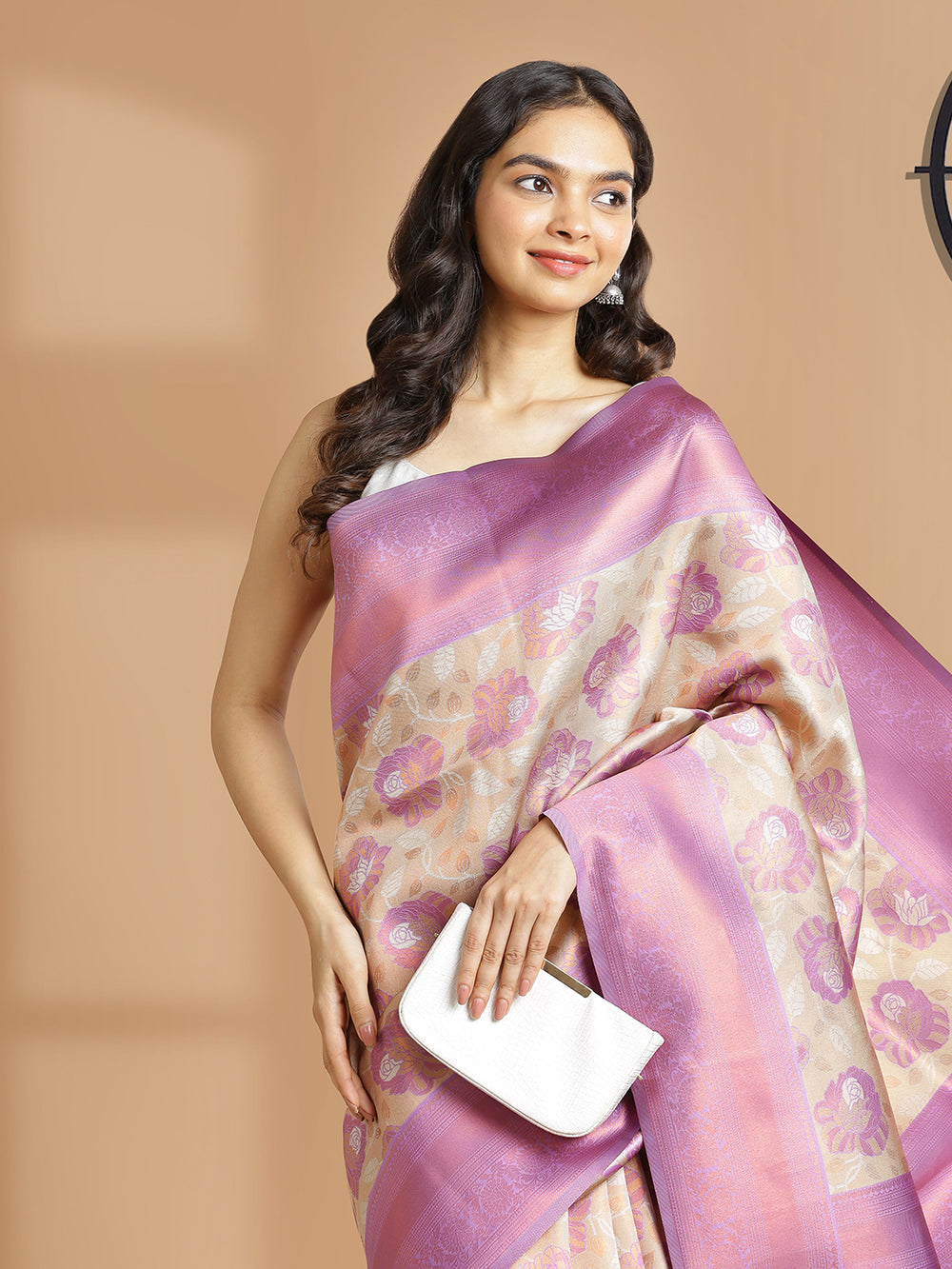 Beige With Copper Color Tissue Saree With Floral Design And Lavender Border