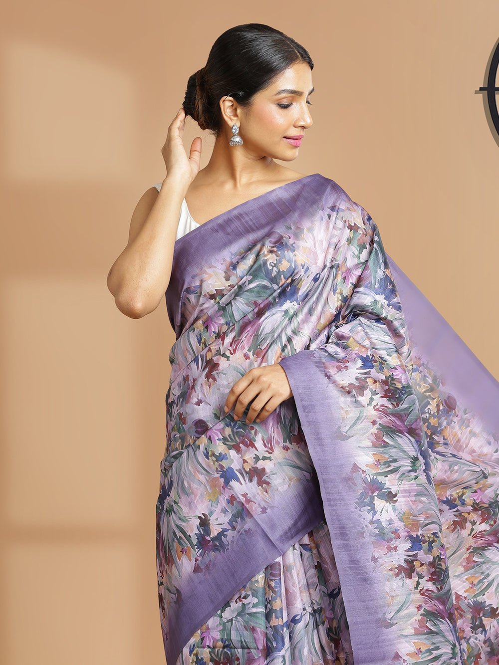 Dark Lavender Color Semi Silk Tusser Saree With Floral Print Design Over Body