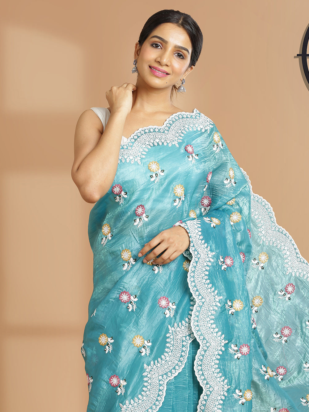 Sea Green Organza Saree With Multi Floral Thread Work Over Body