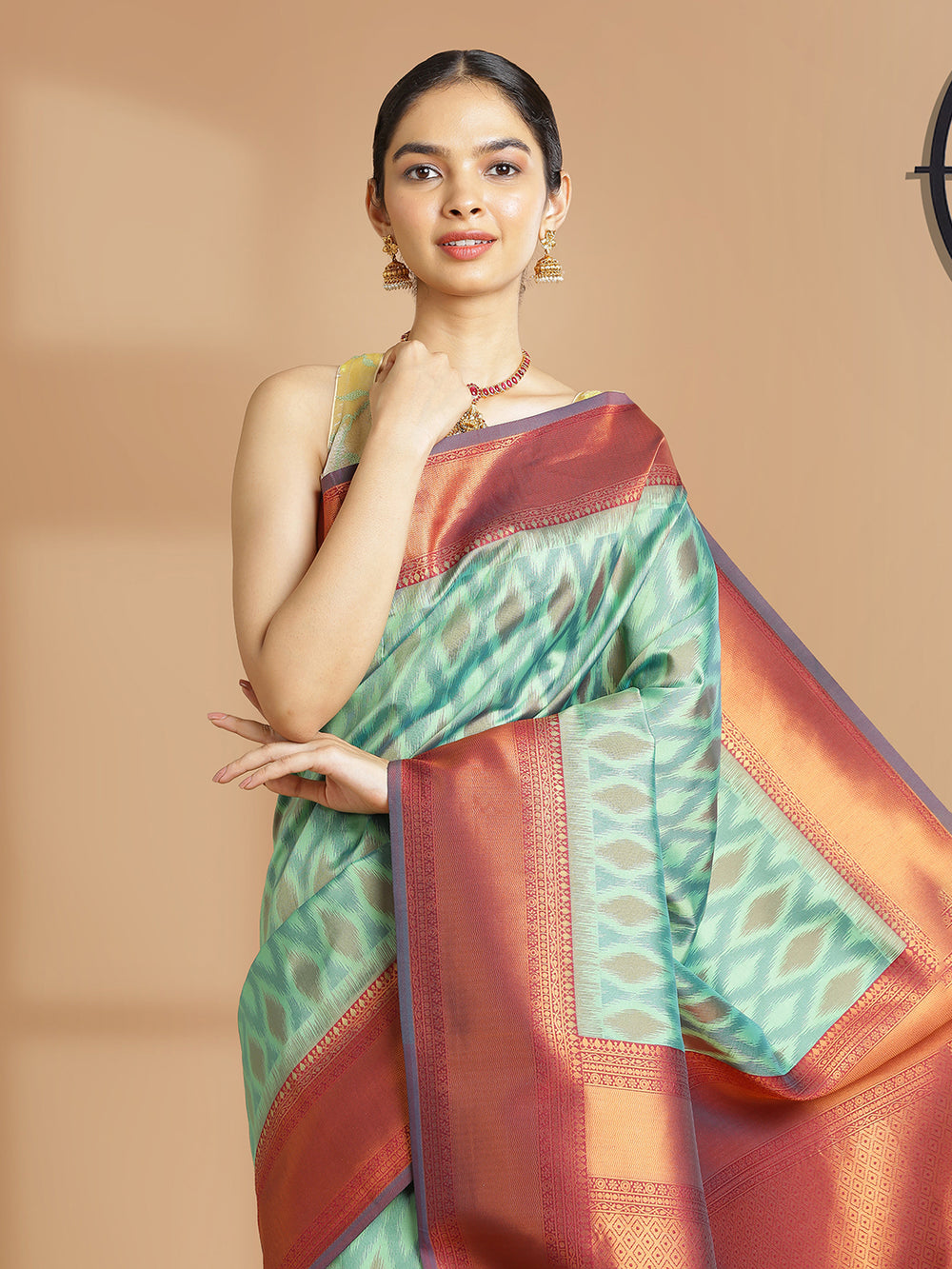 Mint Green Pochampalli Designed Art Silk Saree With Maroon Border