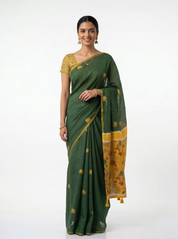 Semi Linen Forest Green Floral Design Saree
