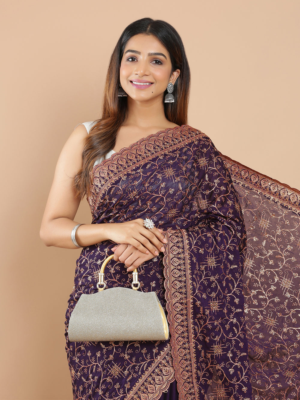 Dark Purple Crush Crepe Saree With Copper Embroidery On Body
