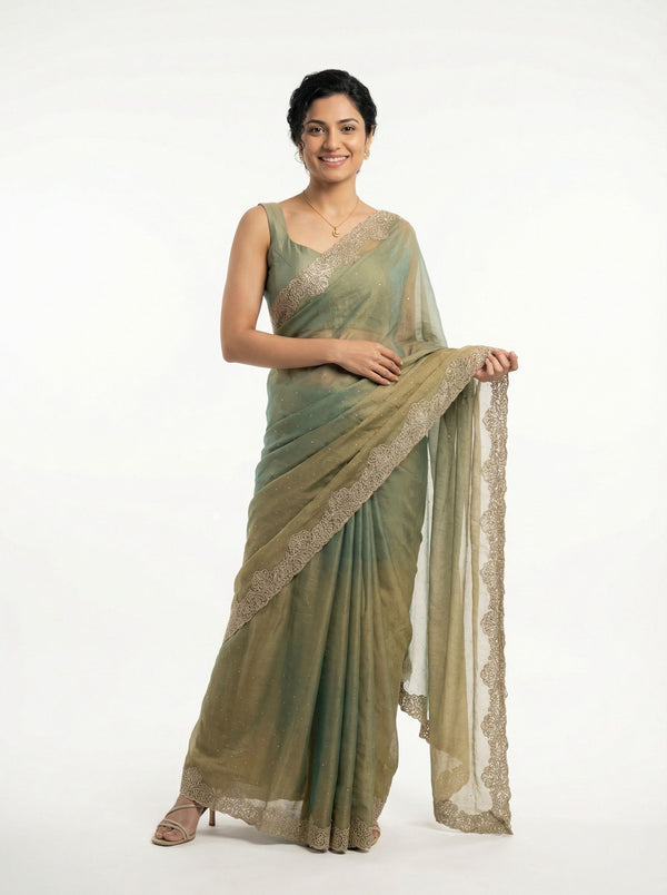 Shimmer Organza Olive Green Plain Designer Saree with Decorated Border