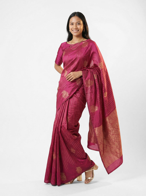 Semi Silk Magenta Pink & Gold Striped Zari Pattern Saree