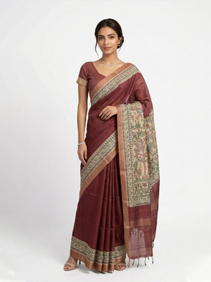 Semi Jute Brick Red Checked Weave Saree