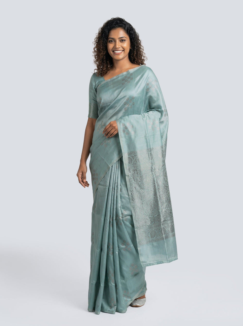 Semi Silk Women’s Pastel Sea Blue Saree with Spread Butta Motifs