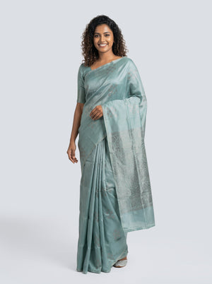 Semi Silk Women’s Pastel Sea Blue Saree with Spread Butta Motifs