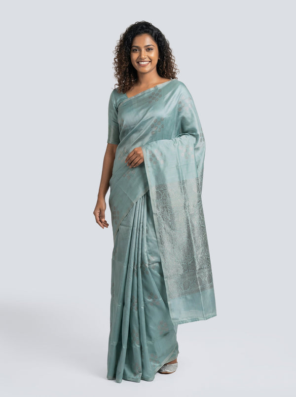 Semi Silk Women’s Pastel Sea Blue Saree with Spread Butta Motifs
