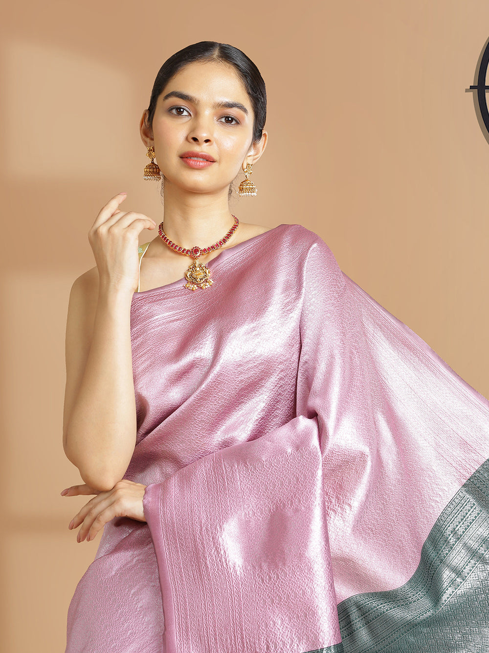 Onion Pink Color Silver Woven Designed Art Silk Saree With Bottle Green Pallu