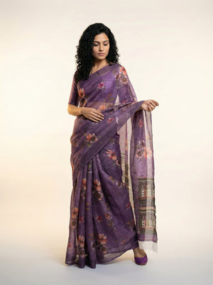Cotton Violet Floral Printed Saree with Artistic Border Design