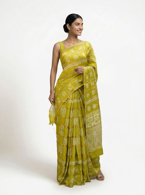 Chanderi Cotton Mustard Yellow Ethnic Print Saree