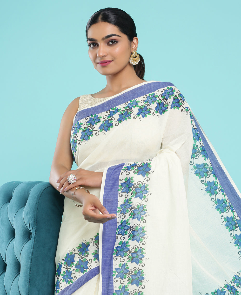 Cotton Blue Border Printed Set Saree