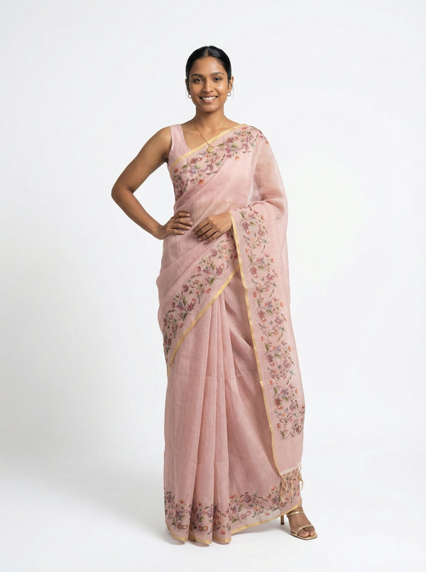 Linen Pink Floral Embroidered Saree