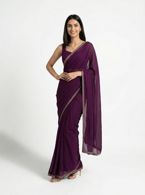 Organza Dark Wine Plain Saree with Minimal Adorned Border