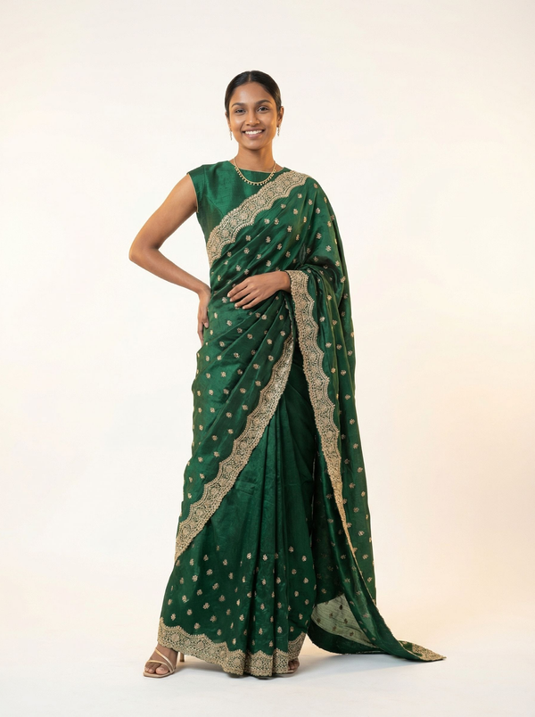 Shimmer Organza Bottle Green Polka Dot Designer Saree with Heavy Embroidered Border