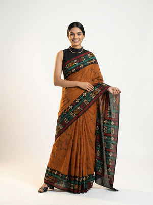 Chanderi Cotton Rust Batik Printed Saree