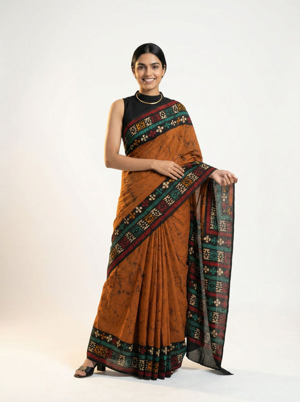 Chanderi Cotton Rust Batik Printed Saree