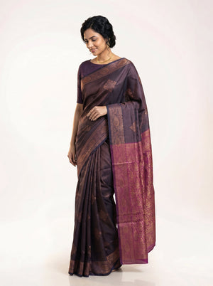 Art Silk Dark Violet-Brown Saree with Orchid Purple Contrast Border and Pallu