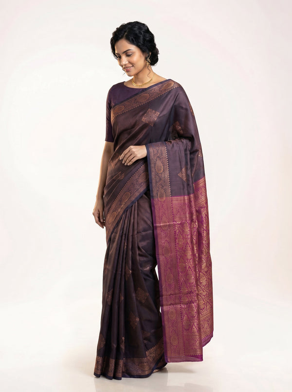 Art Silk Dark Violet-Brown Saree with Orchid Purple Contrast Border and Pallu