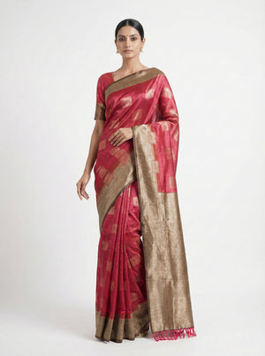Semi Silk Premium Ruby Pink Saree with Chicku Contrast Blouse