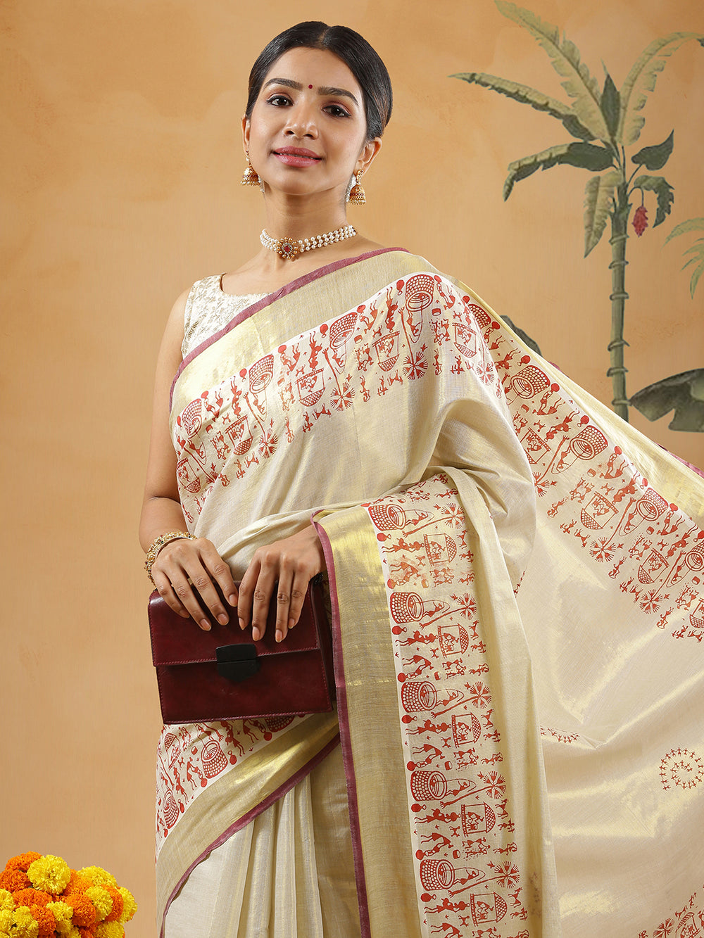 Golden Tissue Red Border Set Saree With Red Color Warli Print Near Border