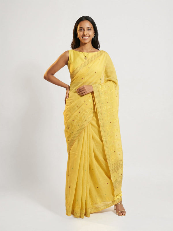 Chanderi Cotton Yellow Embroidered Floral Pattern Saree