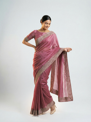 Shimmer Organza Rose Pink Designer Saree with Micro Dot Work and Embroidered Border