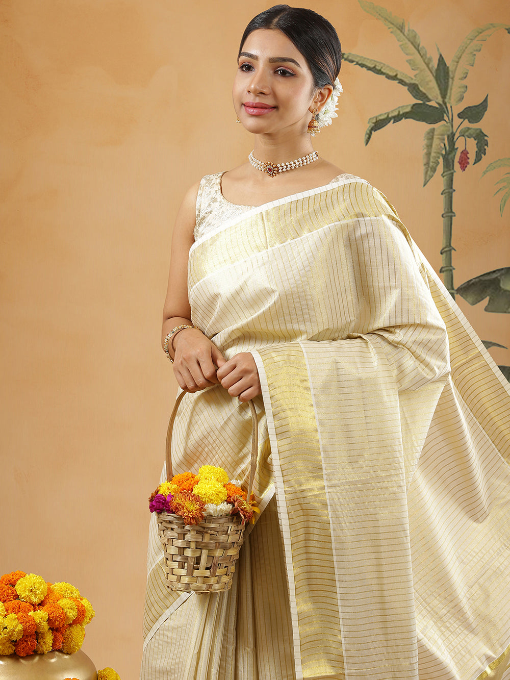 Golden Tissue Set Saree With Vertical Golden Stripes And Golden Kasavu Border