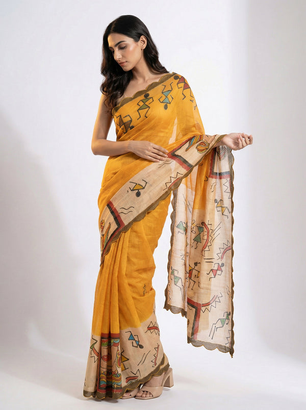 Cotton Mustard Yellow Saree with Artistic Tribal Print