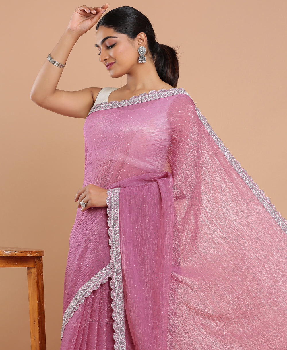 Organza Ethinic Wear Pink Color Saree
